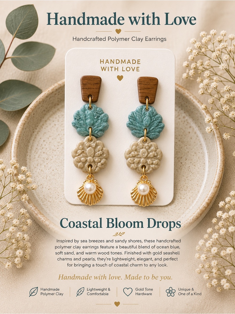 Coastal Bloom Drops Earrings in Ocean Blue and Sand by